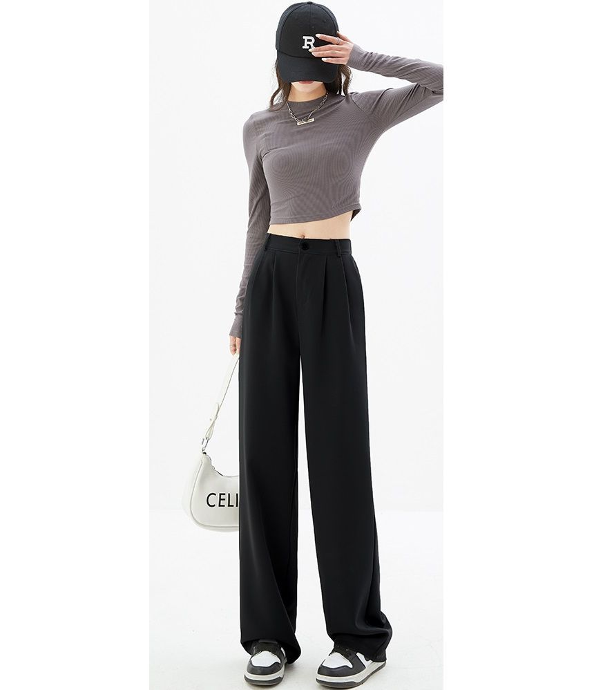 High Waist Plain Wide Leg Slacks