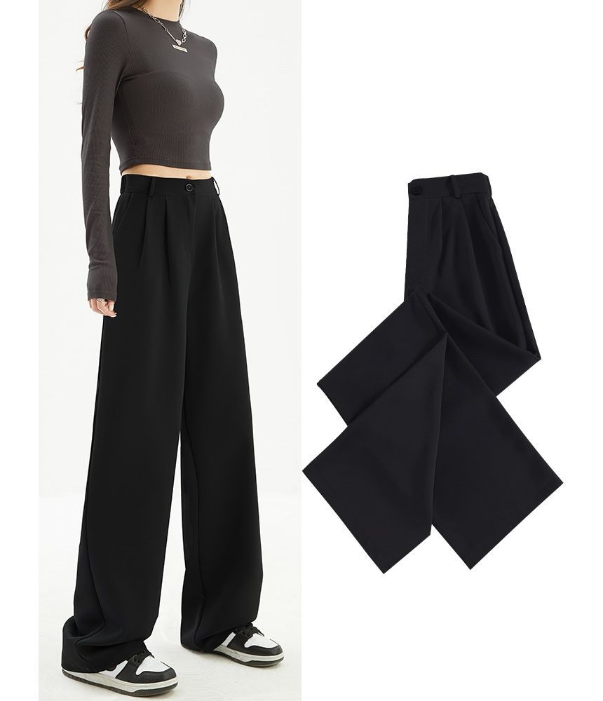 High Waist Plain Wide Leg Slacks