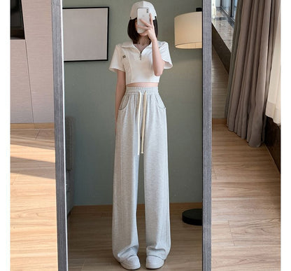 Drawstring Waist Plain Wide Leg Sweatpants