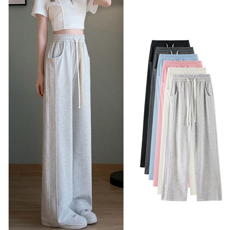 Drawstring Waist Plain Wide Leg Sweatpants