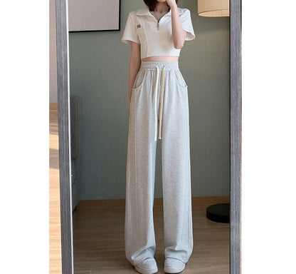 Drawstring Waist Plain Wide Leg Sweatpants