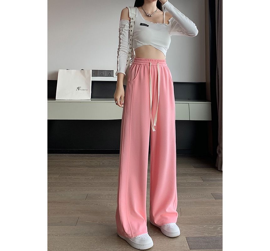 Drawstring Waist Plain Wide Leg Sweatpants