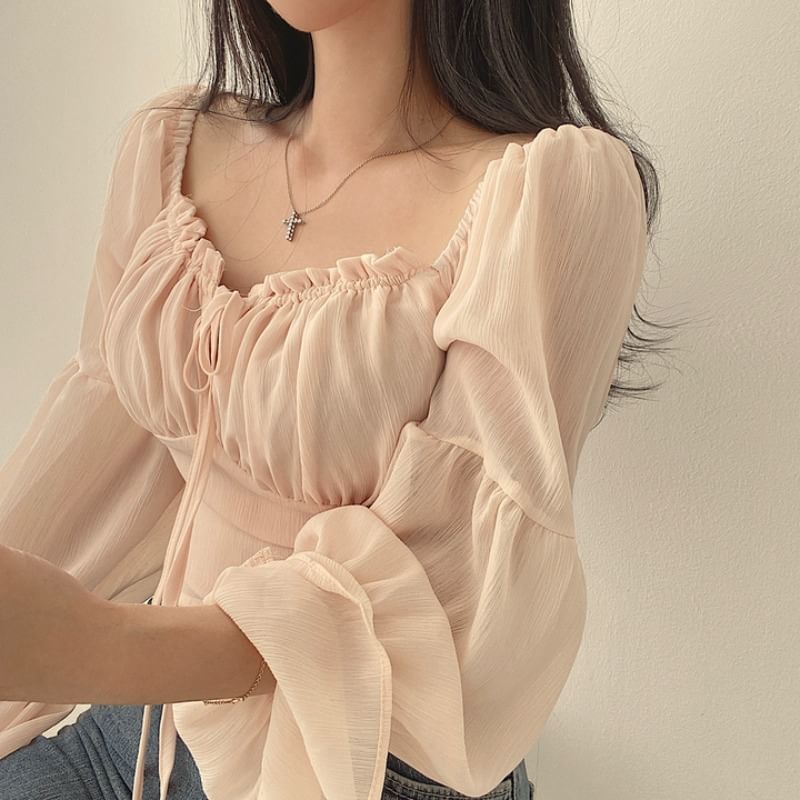Cinched Sleeve Square Neck Plain Ruched Tie Front Blouse