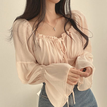 Cinched Sleeve Square Neck Plain Ruched Tie Front Blouse
