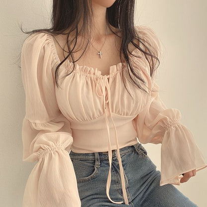 Cinched Sleeve Square Neck Plain Ruched Tie Front Blouse