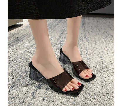 PVC Strap Chunky Heel Slide Sandals