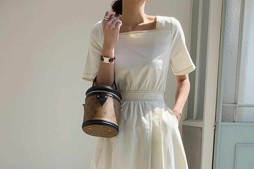 Short-Sleeve Square Neck Contrast Stitching Open Back Midi A-Line Dress