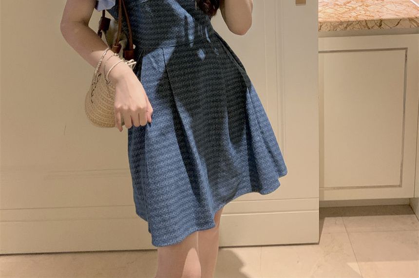 Puff-Sleeve Plain Blouse / Spaghetti Strap Square Neck Striped Denim Mini A-Line Dress