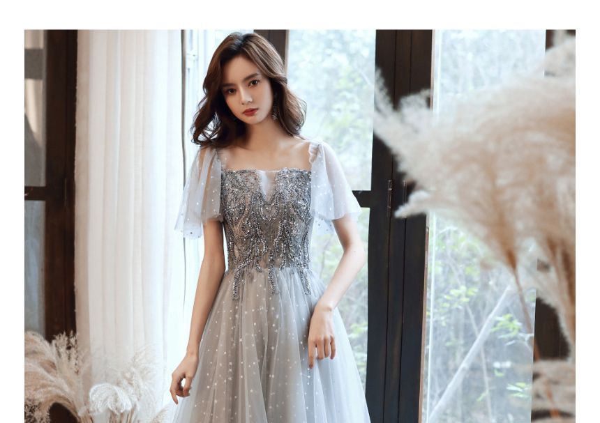 / Midi A-Line Dress Cap-Sleeve Panel Sequin Evening Gown Mesh