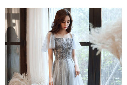 / Midi A-Line Dress Cap-Sleeve Panel Sequin Evening Gown Mesh