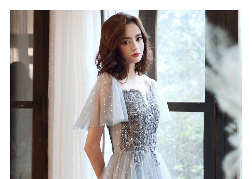 / Midi A-Line Dress Cap-Sleeve Panel Sequin Evening Gown Mesh