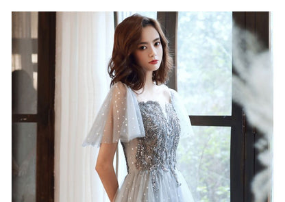 / Midi A-Line Dress Cap-Sleeve Panel Sequin Evening Gown Mesh