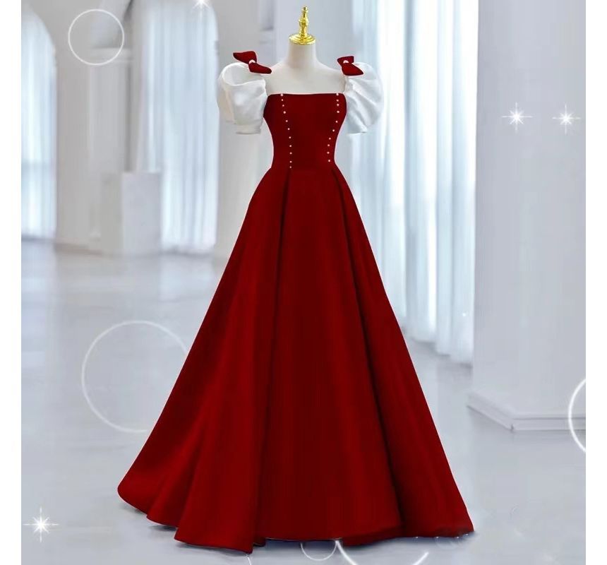 Puff-Sleeve Two Tone Bow A-Line Evening Gown