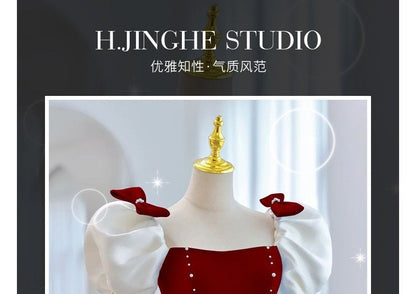 Bow Puff-Sleeve Tone A-Line Evening Two Gown