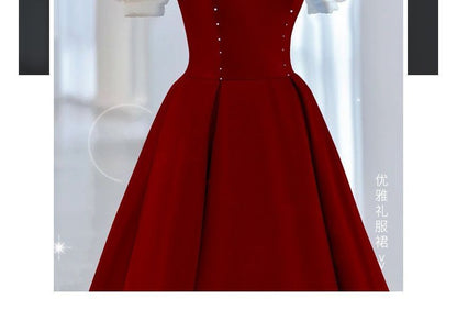 Puff-Sleeve Two Tone Bow A-Line Evening Gown