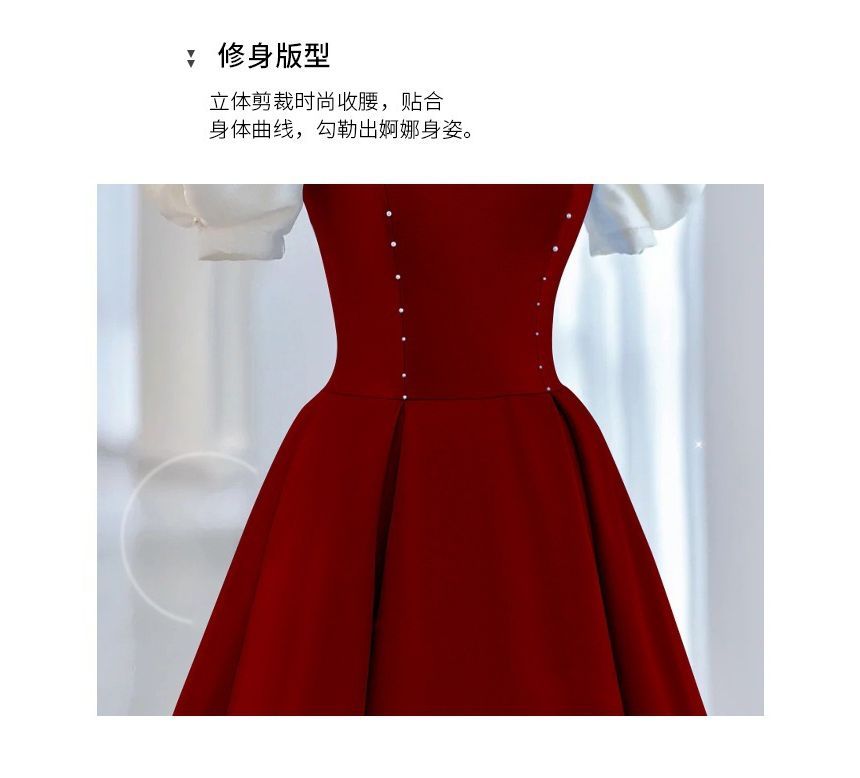 Bow Puff-Sleeve Tone A-Line Evening Two Gown