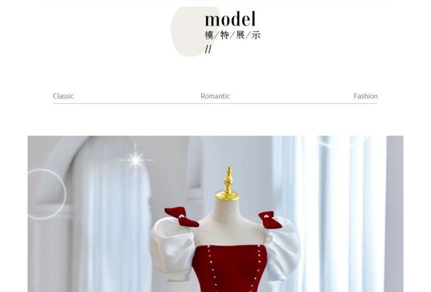 Bow Puff-Sleeve Tone A-Line Evening Two Gown