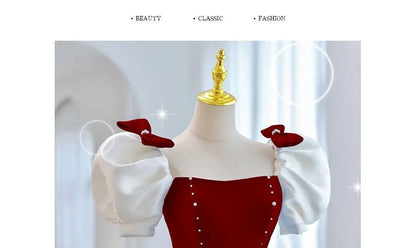 Bow Puff-Sleeve Tone A-Line Evening Two Gown