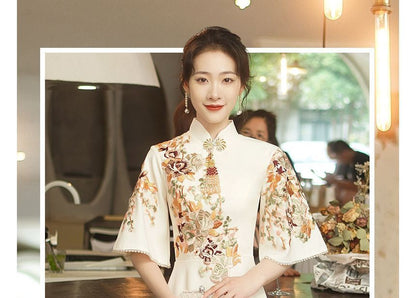 Evening Collar A-Line Dress Floral Mandarin Elbow-Sleeve Embroidered