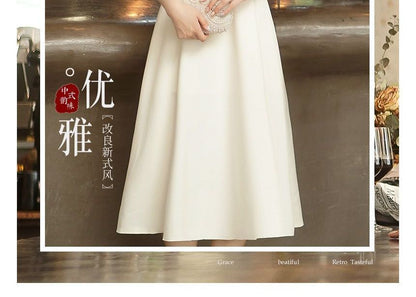 Evening Collar A-Line Dress Floral Mandarin Elbow-Sleeve Embroidered