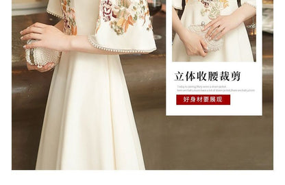 Evening Collar A-Line Dress Floral Mandarin Elbow-Sleeve Embroidered