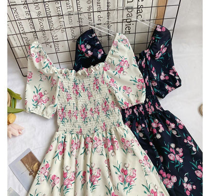 Square-Neck Puff-Sleeve Ruched Floral A-Line Dress