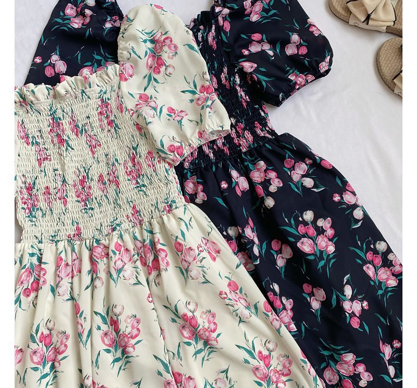 Square-Neck Puff-Sleeve Ruched Floral A-Line Dress