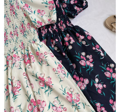 Square-Neck Puff-Sleeve Ruched Floral A-Line Dress