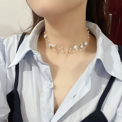 Heart Faux Pearl Layered Fish Line Choker