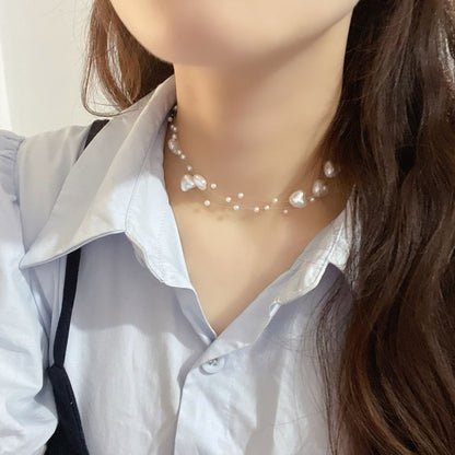 Heart Faux Pearl Layered Fish Line Choker