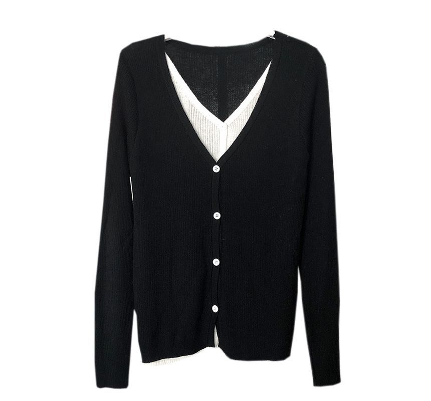 Two Button-Up Tone V-Neck Two-Piece Top Long-Sleeve Knit Mock