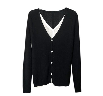 Two Button-Up Tone V-Neck Two-Piece Top Long-Sleeve Knit Mock