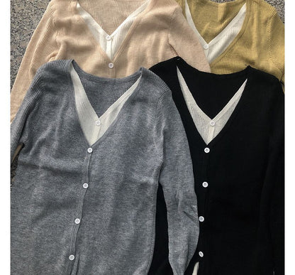 Two Button-Up Tone V-Neck Two-Piece Top Long-Sleeve Knit Mock
