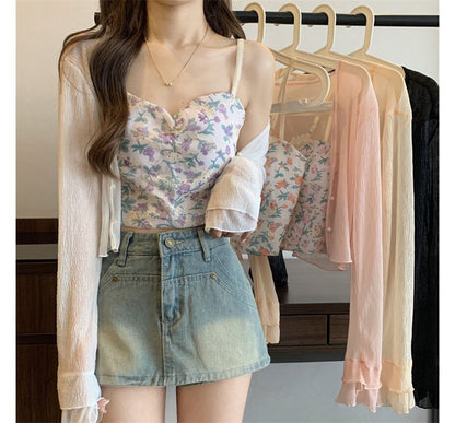 Floral Print Shirred Camisole Top / V