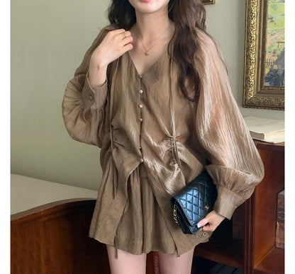 Set: Long-Sleeve V-Neck Drawstring Blouse + High Waist Wide Leg Shorts