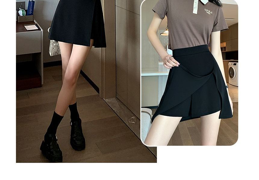 A-Line Slit Mini Waist High Skort Plain