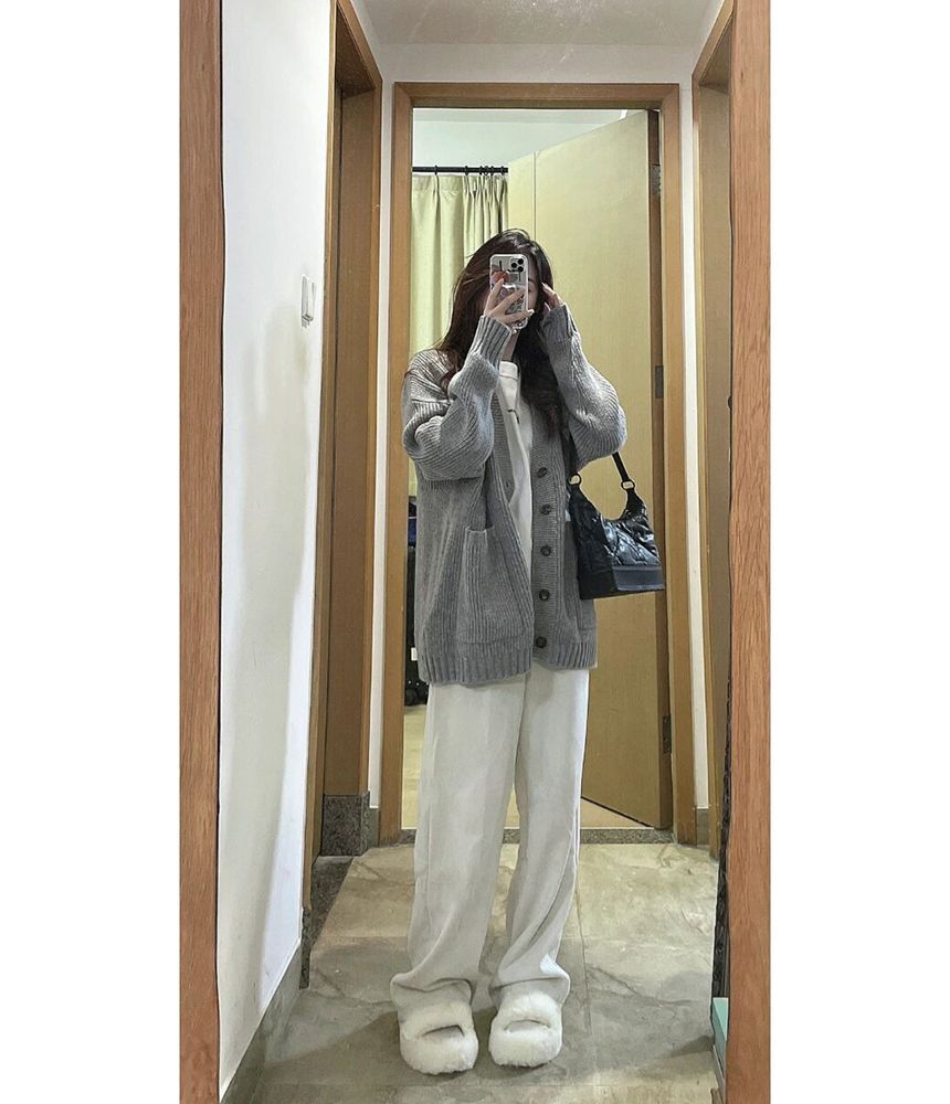 Plain Ribbed Cardigan / High Waist Wide Leg Pants