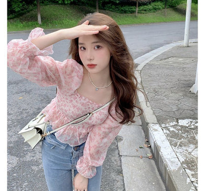 Square Neck Floral Cropped Blouse