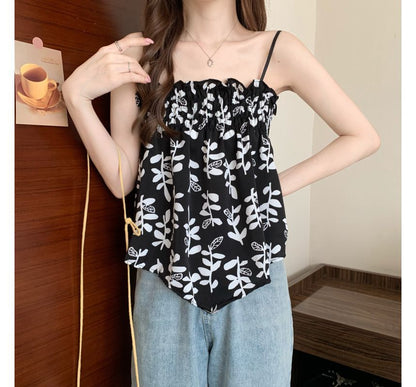 Leaf Print Asymmetrical Flowy Cami Top