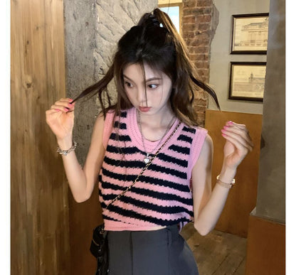 Sleeveless Scoop Neck Striped Knit Top