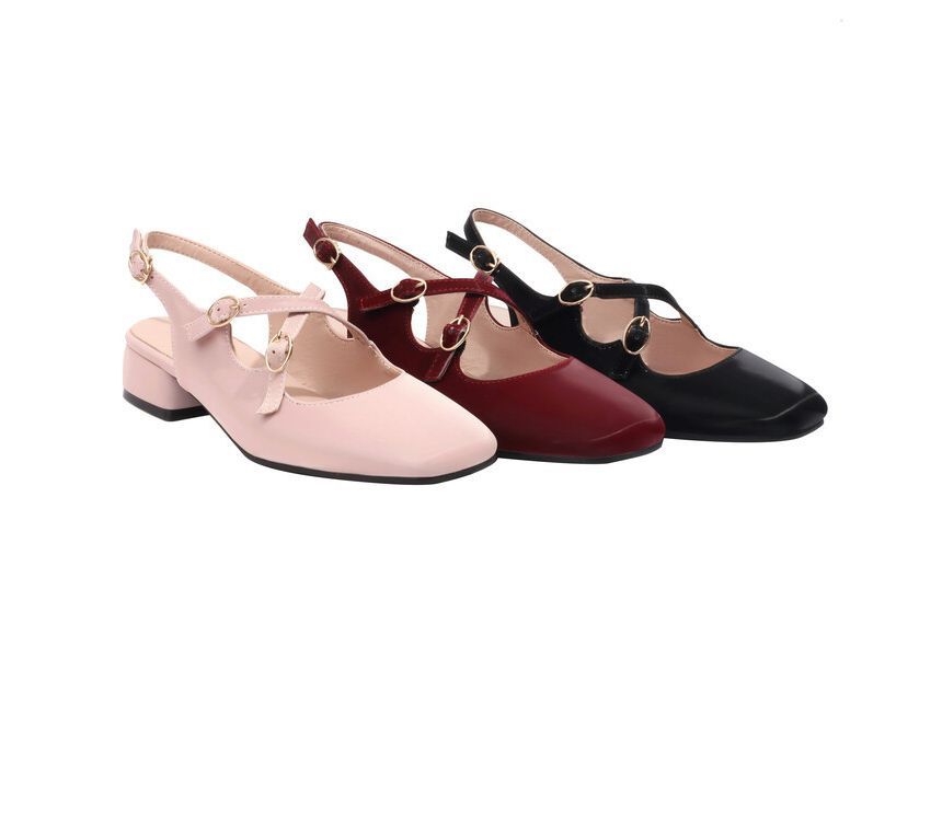 Cross Slingback Heel Toe Sandals Square Strap Chunky