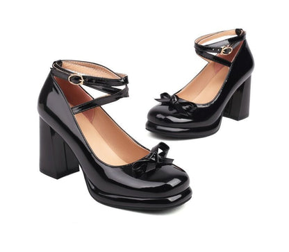Strap Ankle Mary Jane Bow Heel Pumps Platform Chunky