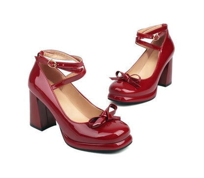 Strap Ankle Mary Jane Bow Heel Pumps Platform Chunky