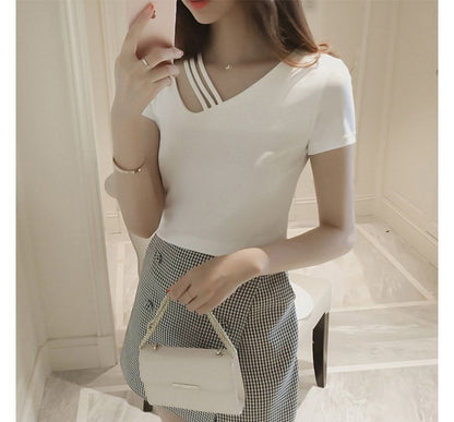 Strappy V-Neck Short-Sleeve Plain Tee Asymmetrical
