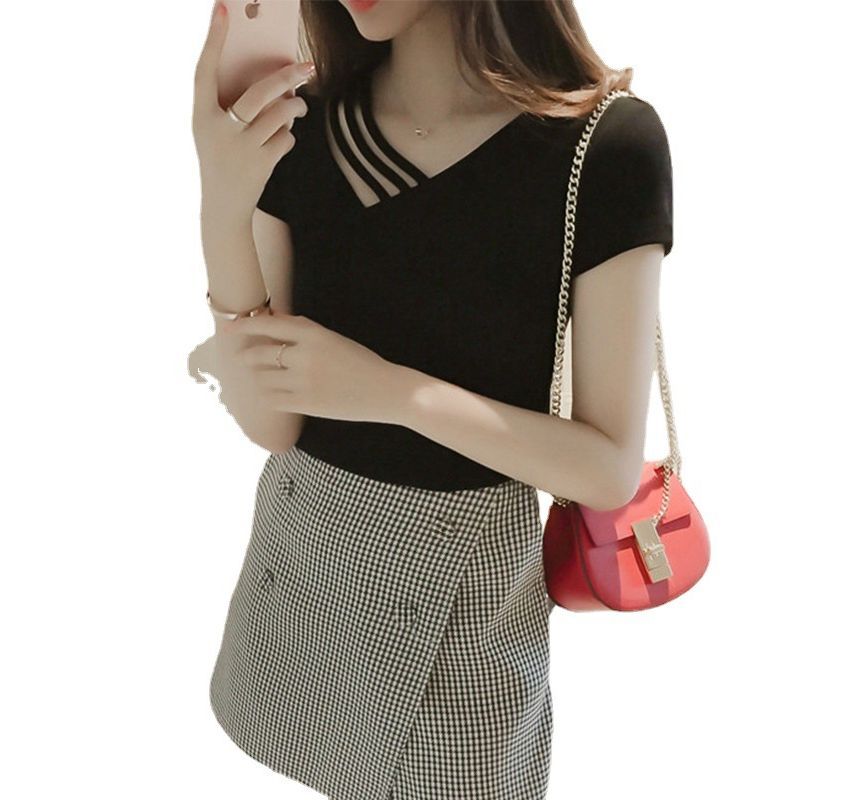 Strappy V-Neck Short-Sleeve Plain Tee Asymmetrical