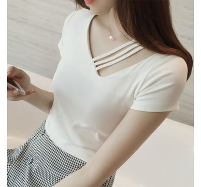 Strappy V-Neck Short-Sleeve Plain Tee Asymmetrical