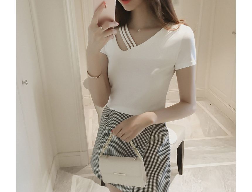 Strappy V-Neck Short-Sleeve Plain Tee Asymmetrical