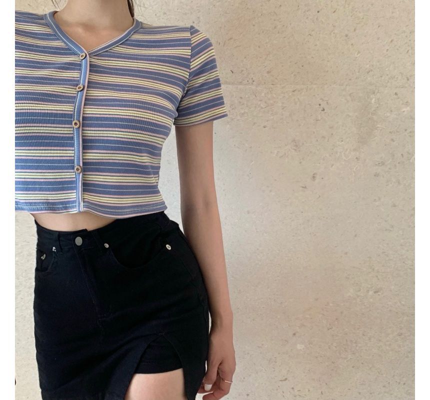 Short-Sleeve Crop Tee Button-Up V-Neck Striped