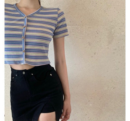 Short-Sleeve Crop Tee Button-Up V-Neck Striped