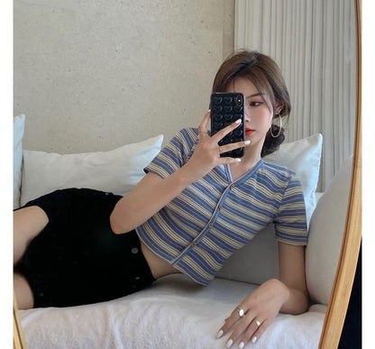 Short-Sleeve Crop Tee Button-Up V-Neck Striped